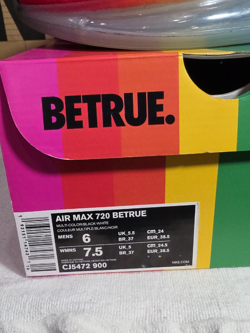Nike Air Max 720 ‘Be True’ for Gilbert Baker Multicolor CJ5472-90 Men 6 Wmen 7.5 - Picture 13 of 15